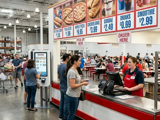 Costco food court counter with menu boards and kiosks